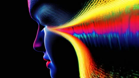 side profile of a face with vibrant, abstract light streaks
