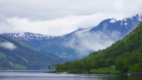 Morning-on-the-lake-Lovatnet,-Norway