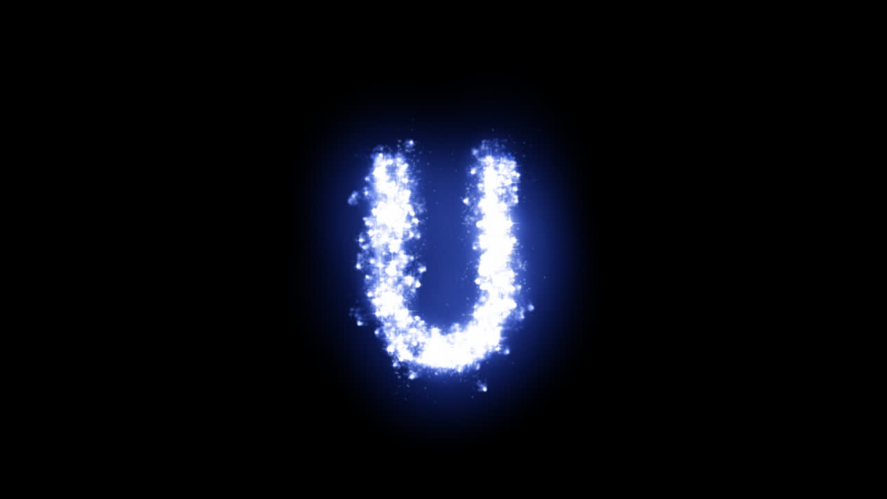 Lettera U luminosa con stelle scintillanti su sfondo trasparente