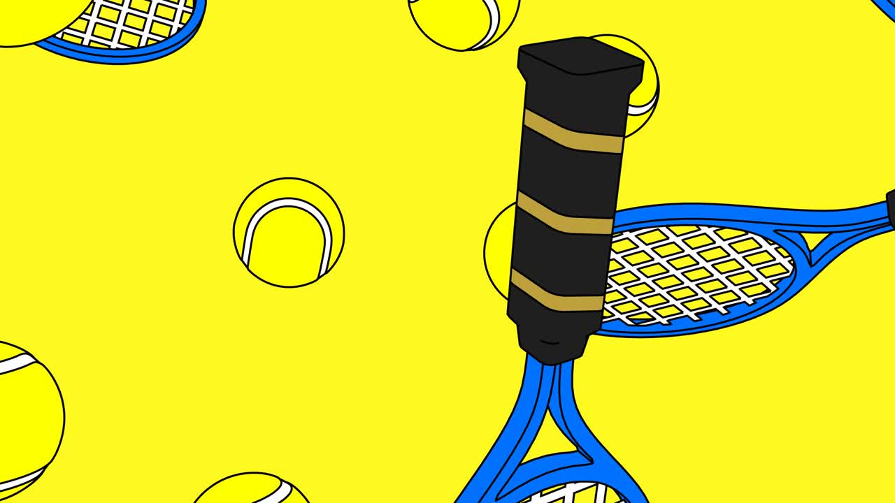 노란색 배경에 있는 테니스 공과 파란색 테니스 라켓입니다.