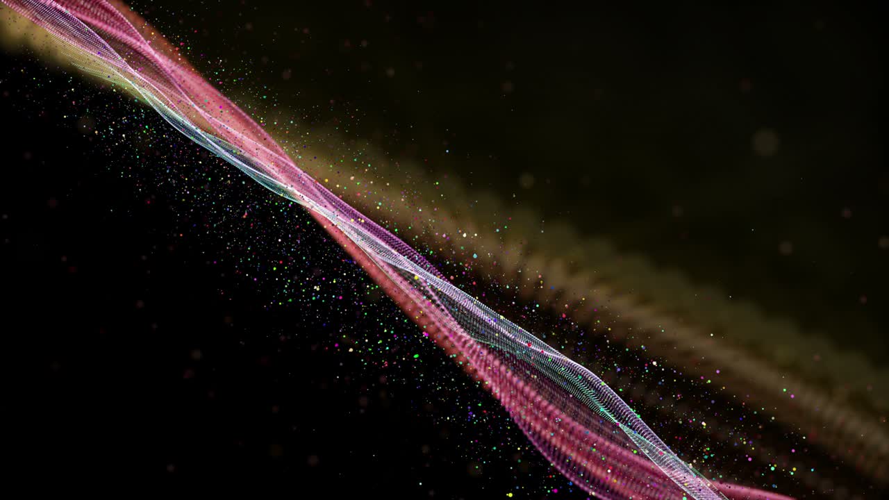 animación futurista con colorido objeto de onda y partículas de brillo en cámara lenta, 4096x2304 bucle 4k