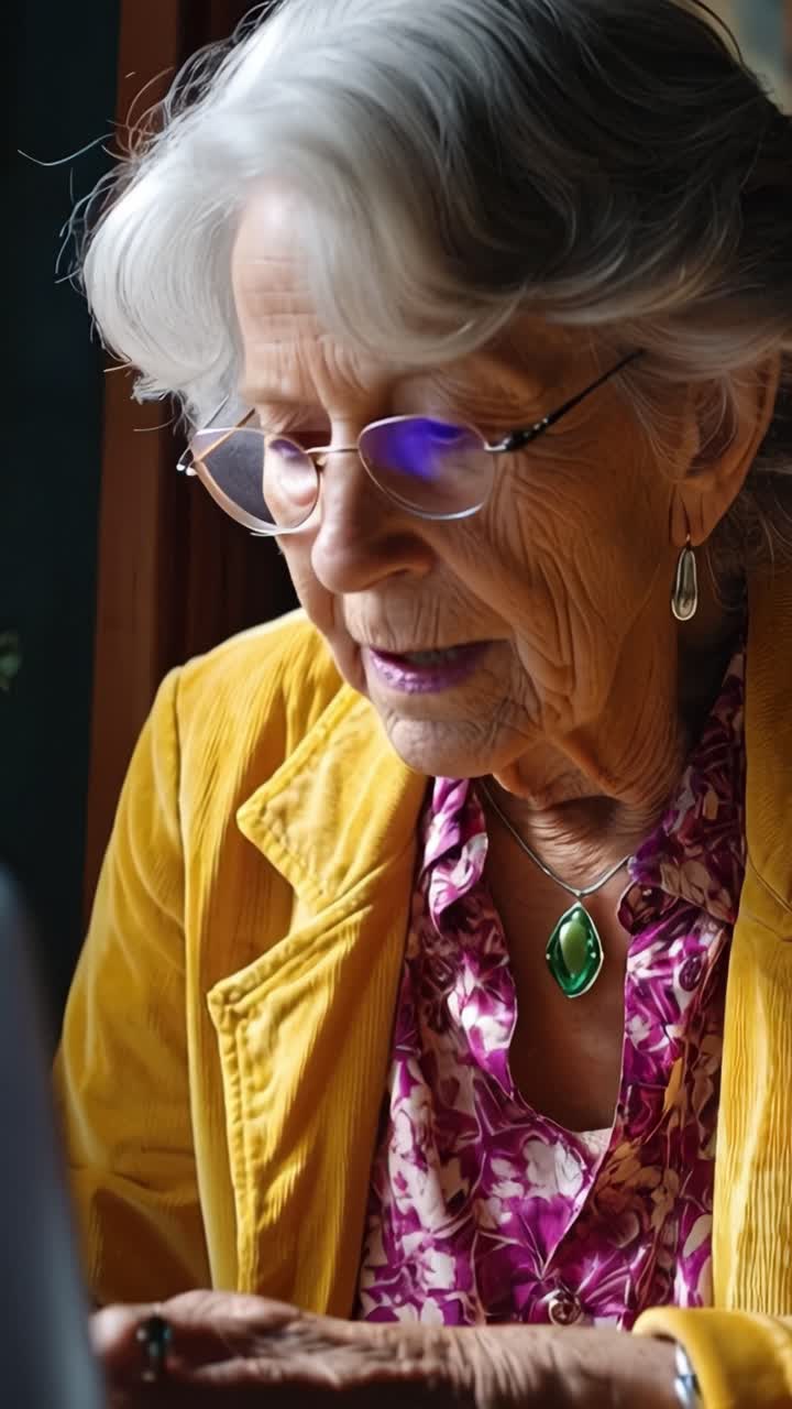 Mujer mayor con chaqueta amarilla y gafas. Se concentra en la pantalla del portátil con atención tranquila. Sus manos reposan suavemente sobre el teclado, mostrando una interacción serena.