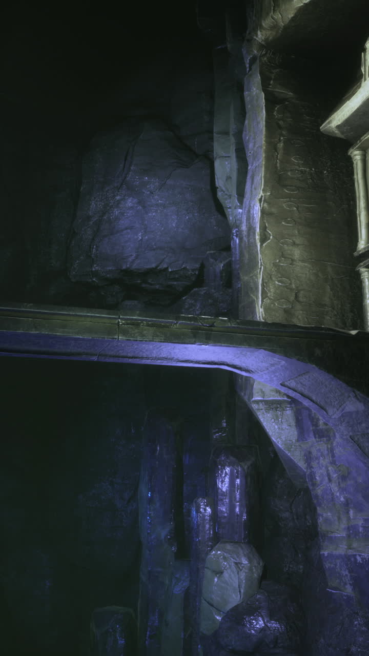 Mysterious cave with ancient structures illuminated by dim light