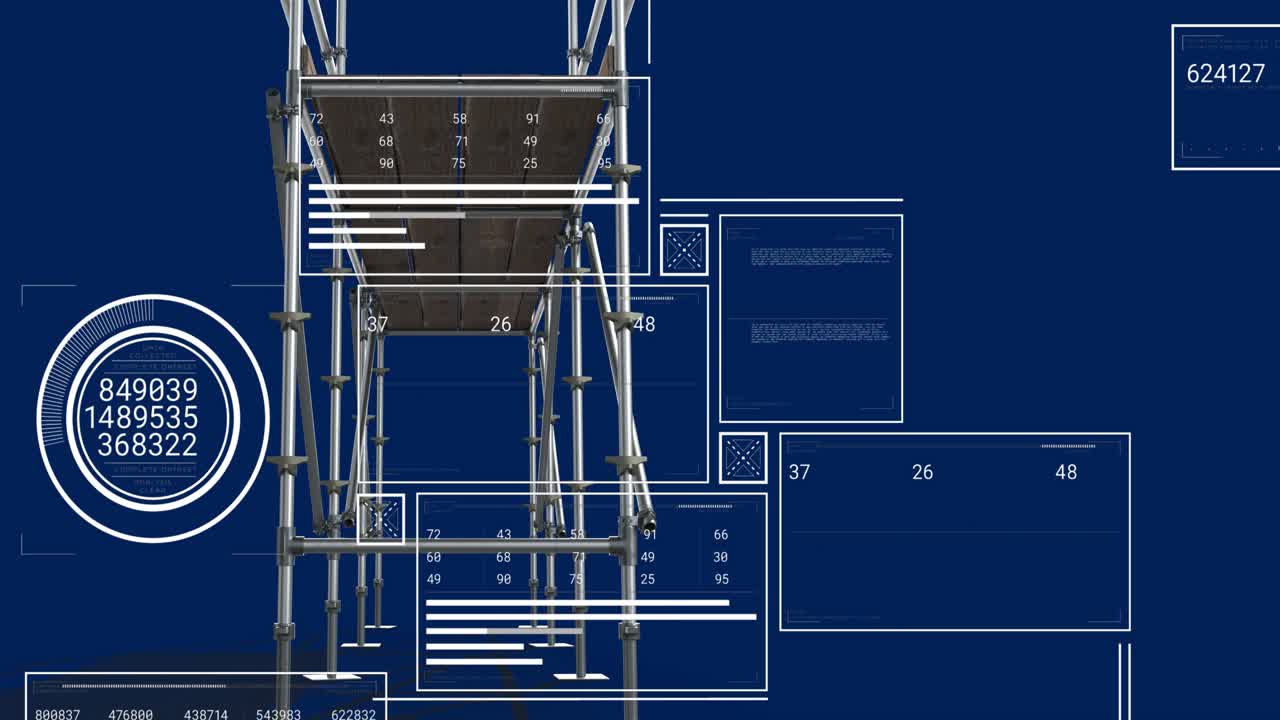 Animation of data processing and screens over scaffolding