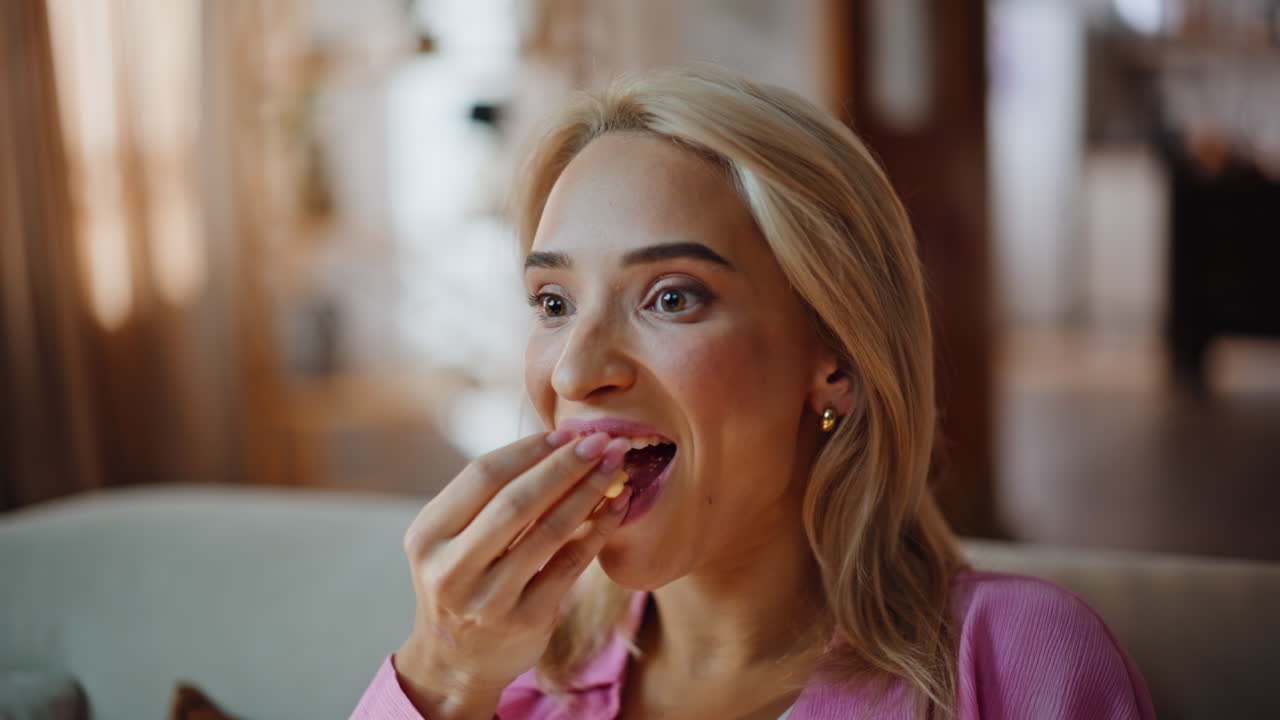 Closeup hand switching channels holding remote at home. Surprised happy girl