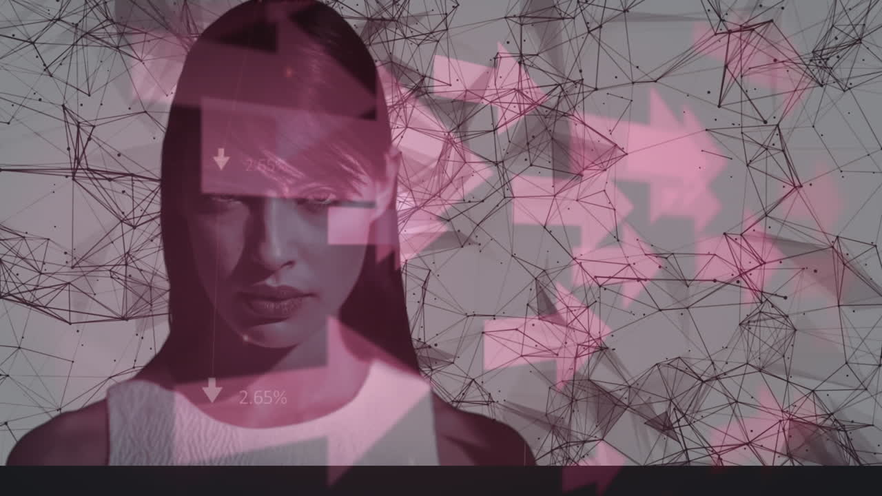 múltiples iconos de flecha sobre el retrato de la mujer contra la red de conexiones