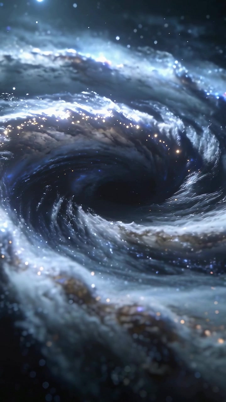 Vertical video: Rotating spiral vortex drawing dust and star points inward under gravity in space