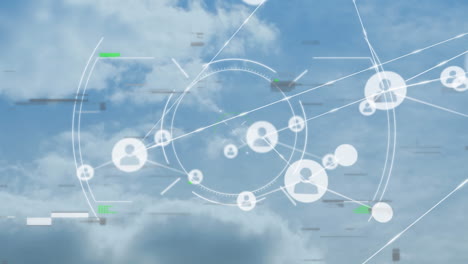 scope scanning and network of profile icons against clouds in blue sky