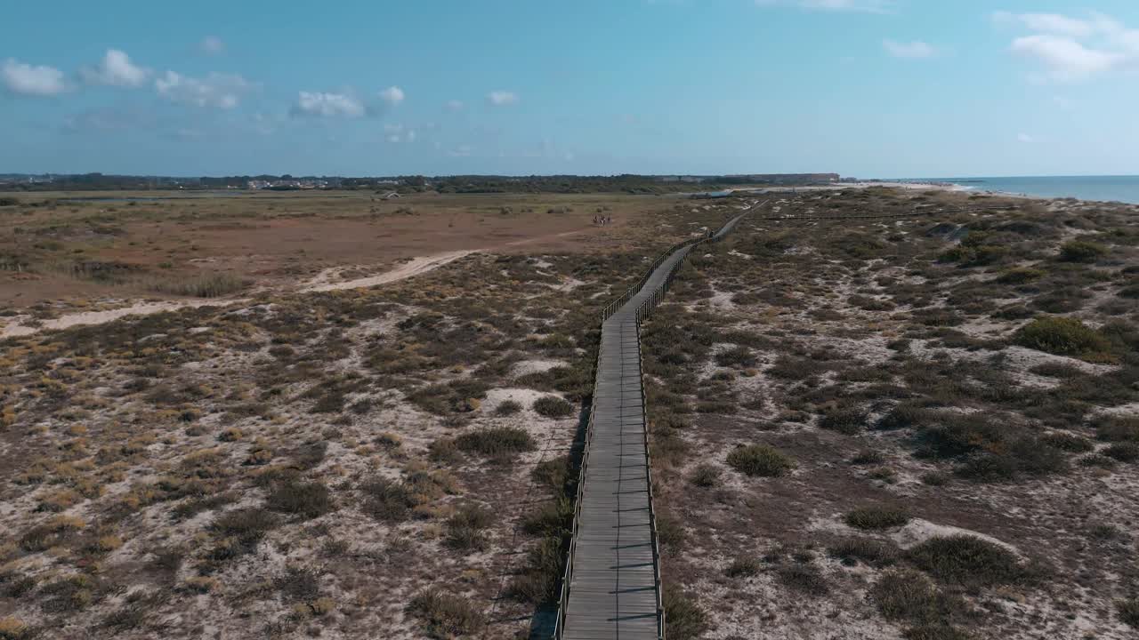 una vista aérea de una pasarela cerca de la playa y un grupo de caballos que vienen en el horizonte