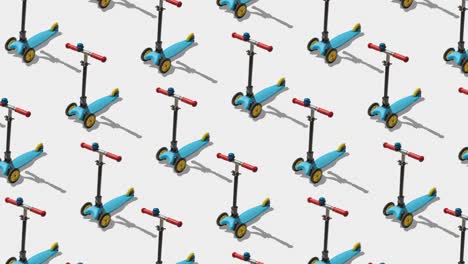 flat lay composition with set of kick scooters on white background.