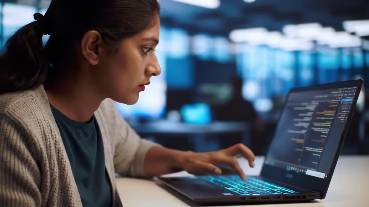 Focused Coding Session: A Young Programmer Works Intently on Her Laptop in a Modern Tech Environment, Highlighting Skills in Software Development and Problem Solving
