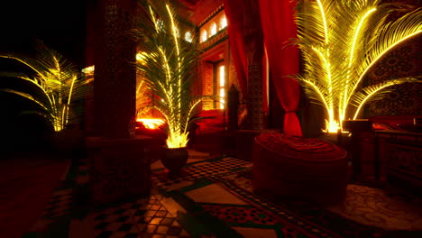 moroccan interior design with palm trees and golden lights