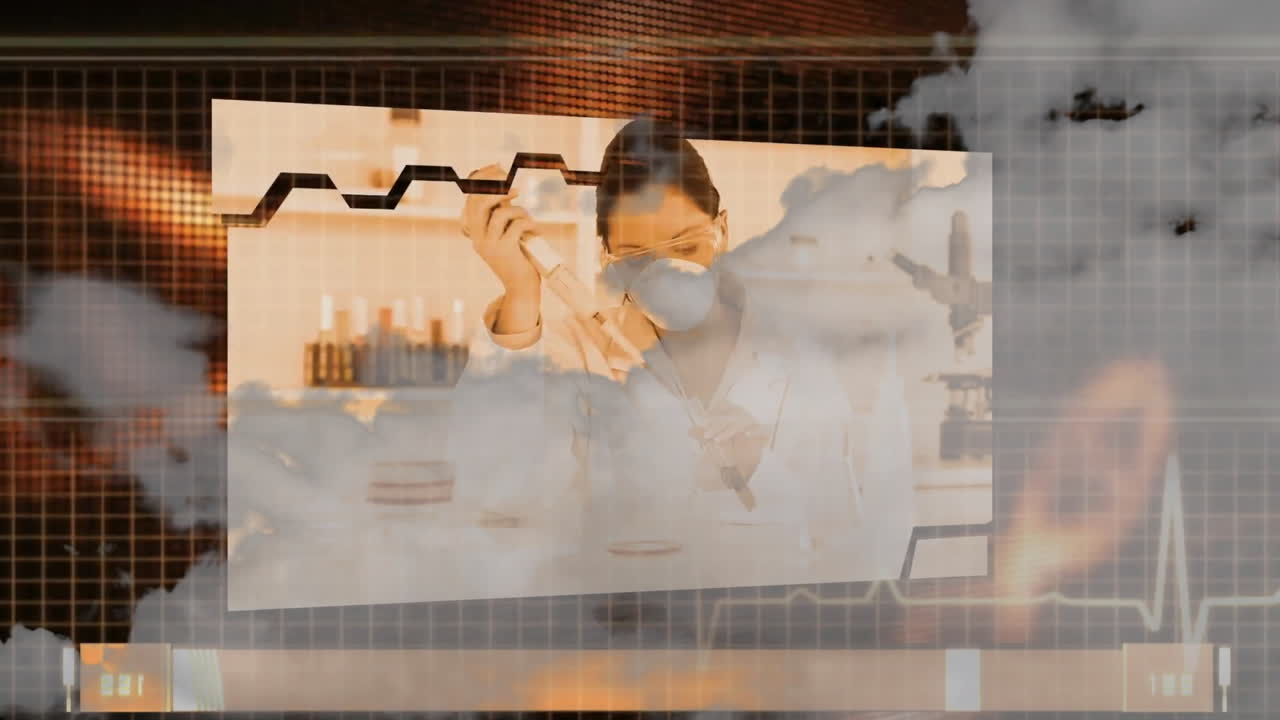 Female scientist pipetting microplate in laboratory, with world map grid and EKG overlays