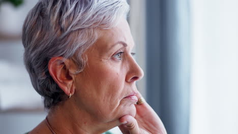 Senior-woman,-thinking-and-sad-in-home