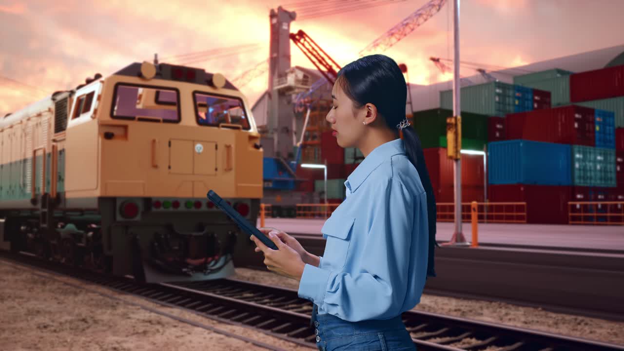 Side View Of Asian Female Professional Worker With Freight Cargo Train At Port, Observes By Looking Up Before She Come To Concentrating On The Tablet And Keep On Checking