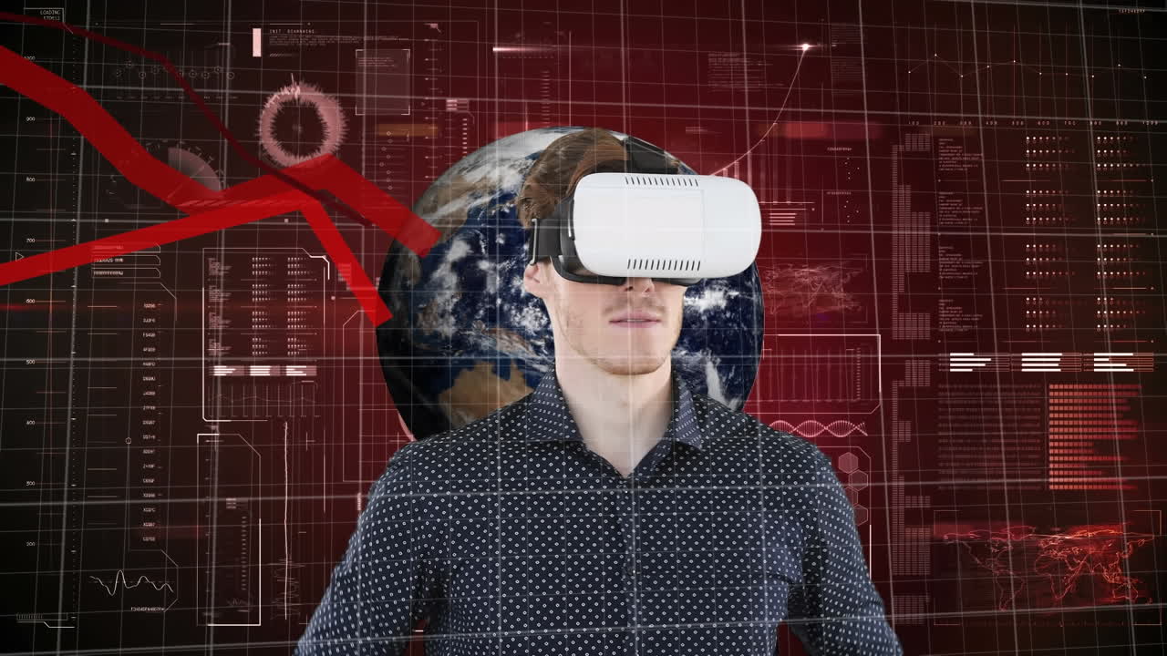 animación del procesamiento de datos financieros sobre empresario caucásico usando auriculares vr.