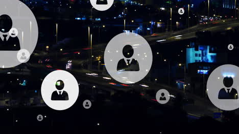 animation of multiple profile icons over time lapse of moving vehicles on bridge in city