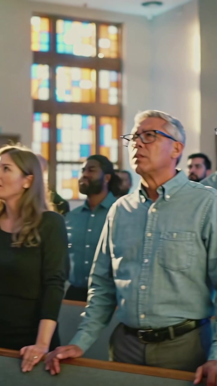 Vertical video: Panning woman in plaid dress and group singing for worship at church, hands on pews