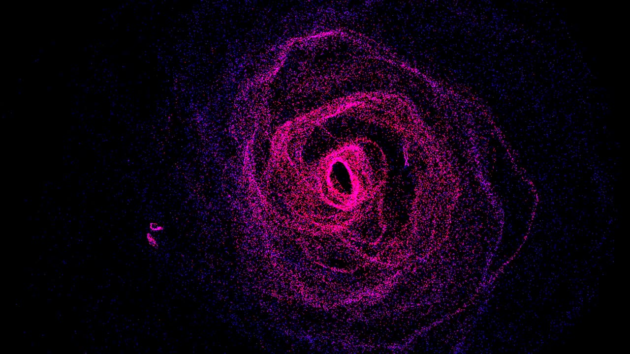 Many astract dust shiny particles in spiral shape, computer generated background, 3D render background