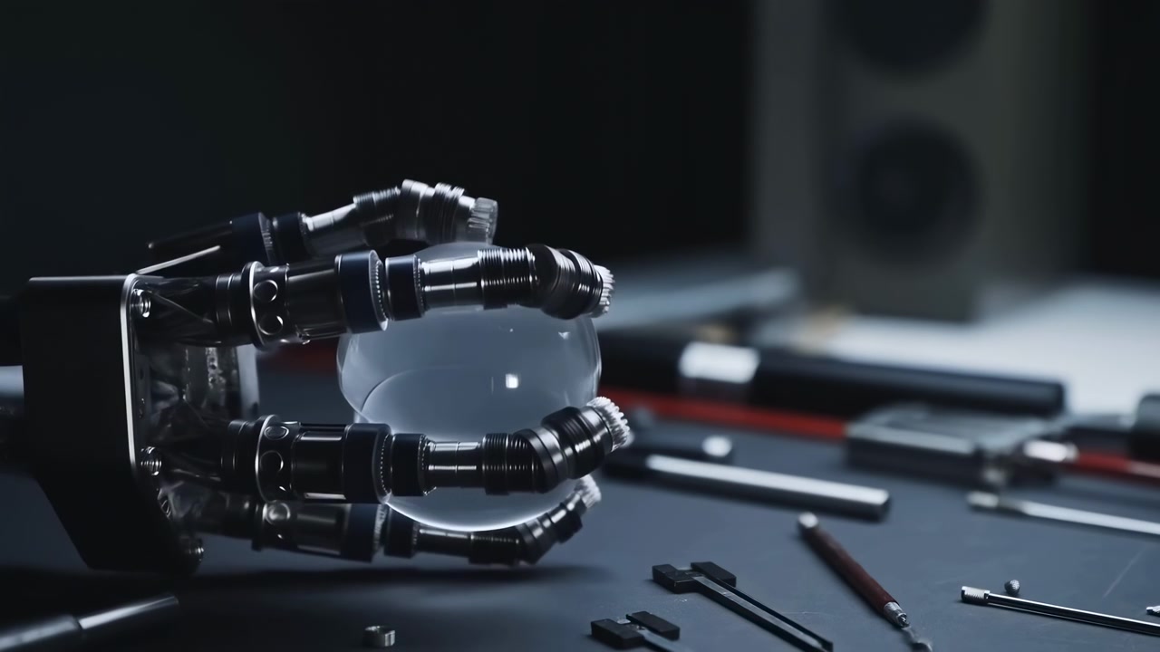 A metallic robotic hand carefully holds a clear glass sphere in the foreground, with small tools and scattered parts on a dimly lit workbench behind it