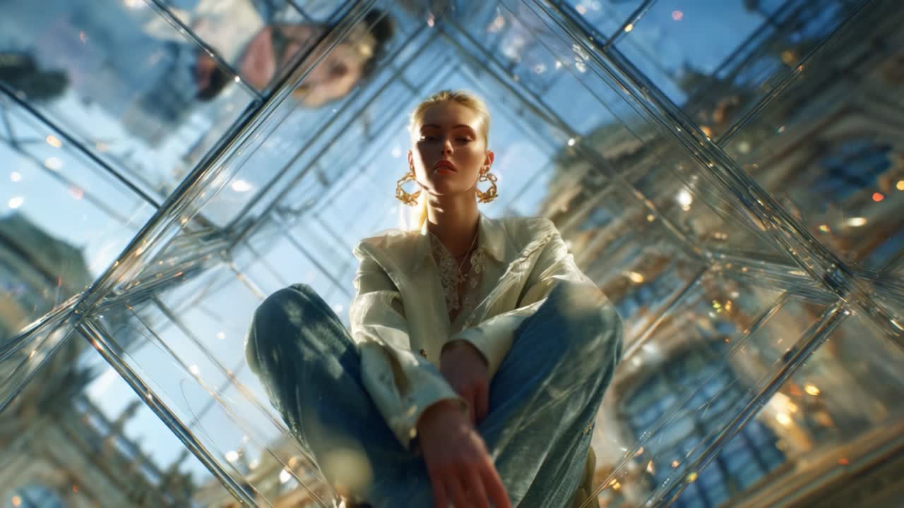 A captivating portrait of a model seated within a transparent geometric structure, showcasing reflections and soft lighting that highlights the fashion and ambiance of the moment