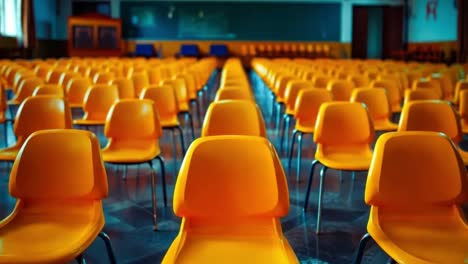 un salón de clases vacío con filas de sillas naranjas en él