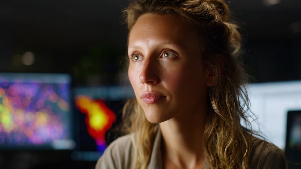 A Thoughtful Researcher in a High-Tech Environment Analyzing Data on Multiple Screens, Pondering Insights and Solutions to Complex Problems in a Modern Scientific Setting