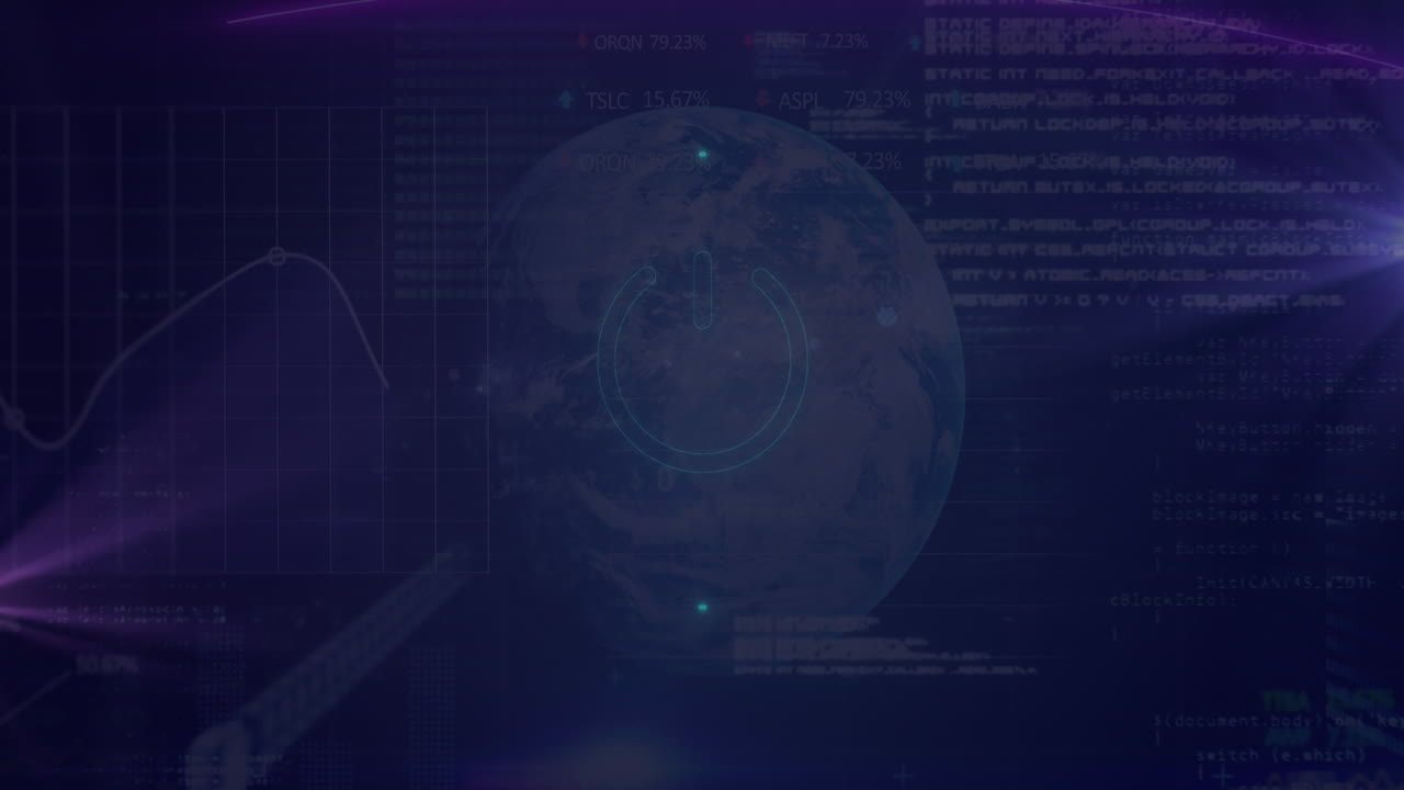 Animation of off button and globe over data processing and stock market