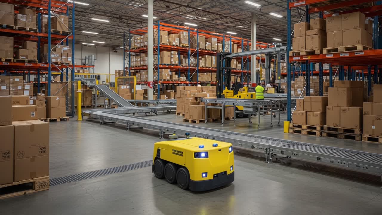 Automated Robotics in Modern Warehousing: Advanced Technology at Work Transporting Goods Efficiently to Enhance Logistics and Streamline Operations