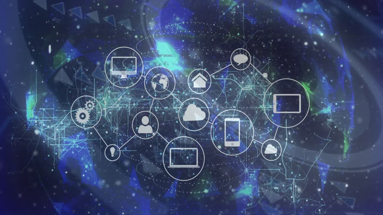 Central cluster of glowing technology icons being animated in network grid, with particle effects