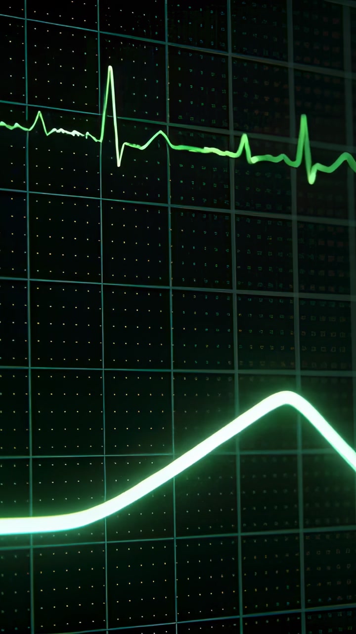 Vertical video: Showing green ECG and respiration traces scrolling on monitor, receiving signals