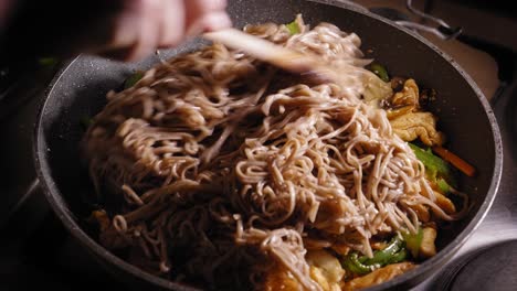 cooking japanese food, soba noodles, chicken, and vegetables in frying pan