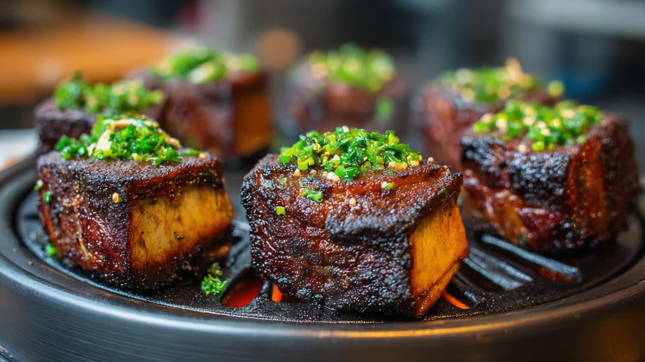 En lækker anretning af grillet flæskebryst i tern, pyntet med friske krydderurter, perfekt tilberedt for at opnå en sprød overflade og et mørt indre, perfekt til madentusiaster