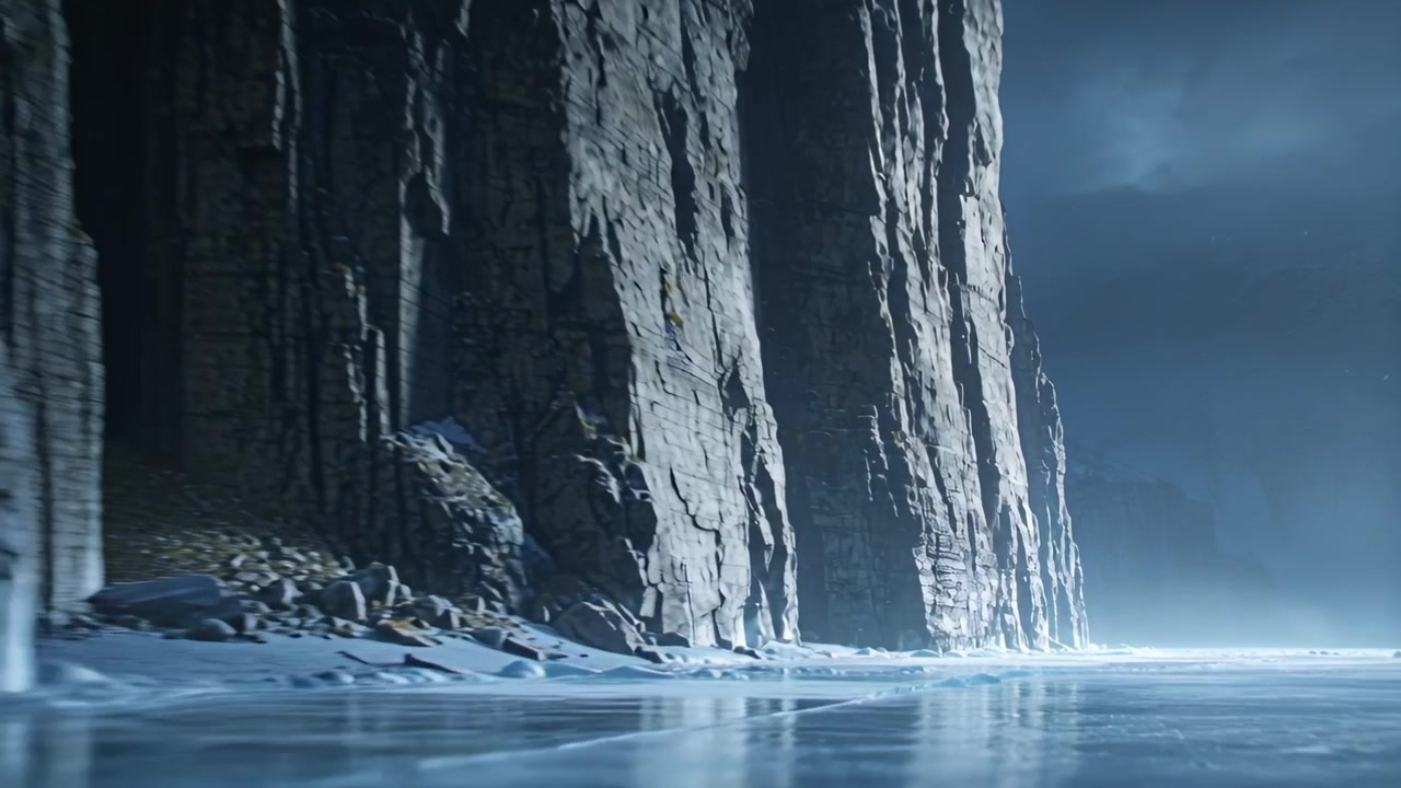 Panning camera revealing coastal cliff fractures and reflective ice, approaching to show scale
