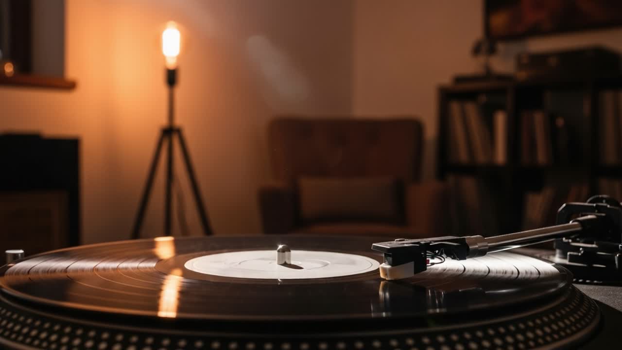 A Cozy Living Room Scene Featuring a Vintage Turntable Playing Records, Bathed in Warm Lighting with a Soft Focus on the Comfortable Furniture Background