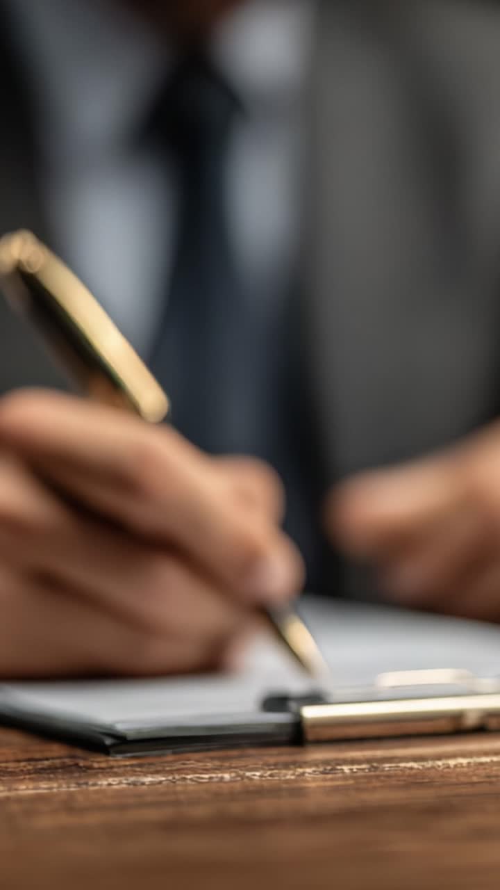Primo piano di un contesto di scrittura professionale con penna dorata su una scrivania in legno, che mette in risalto l'attenzione ai dettagli e la concentrazione nella documentazione aziendale