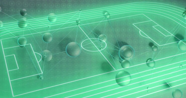 Animazione di una rete di connessioni su uno stadio sportivo al neon.