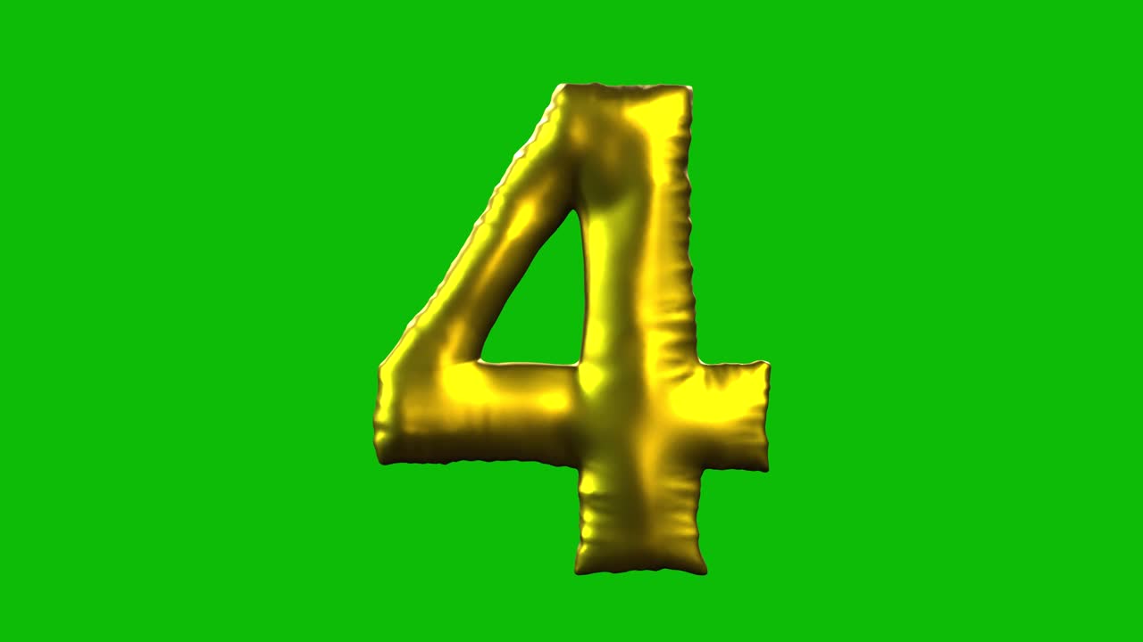 Gold Foil balloon number 4 inflates, spins, and reveals on green screen in 3D animation. Ideal for celebrations, parties, birthdays, and video editing projects