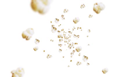 flying many popcorns on white background. white salty popcorn. healthy food. corn seed. 3d loop animation of popcorn rotating.