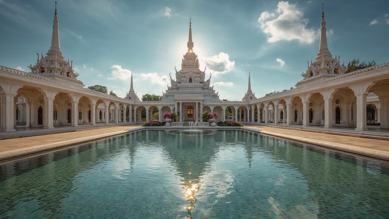After wide shot camera tilting down over temple courtyard revealing fountain and spire reflection