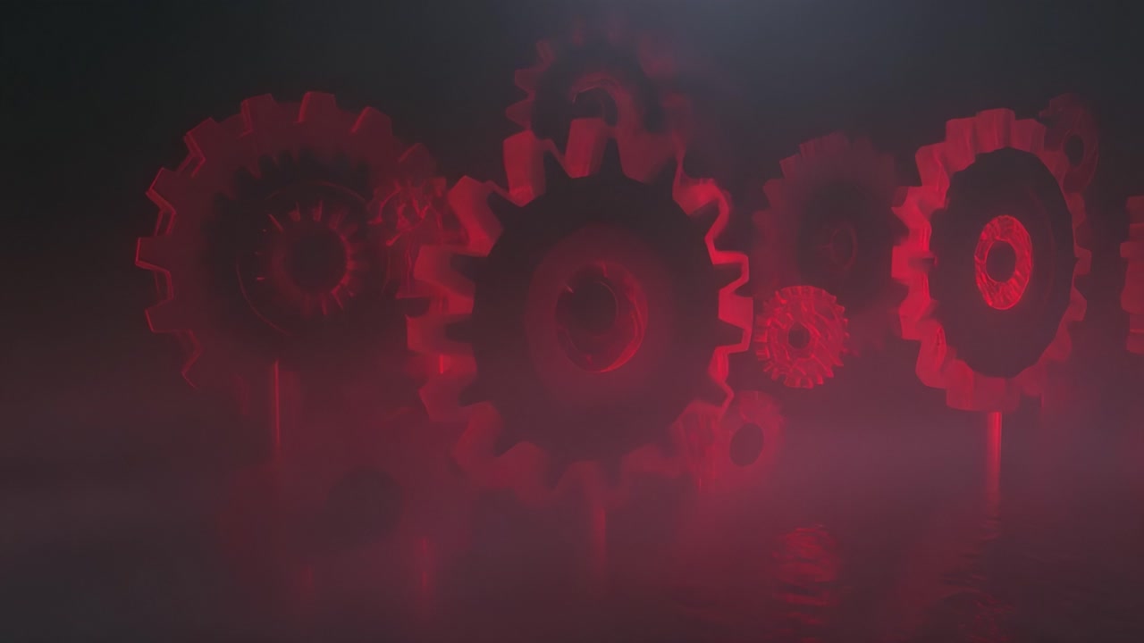 Industrial mechanism with turning gears and cogs illuminated by a red light in a foggy environment, representing teamwork, machinery, engineering, and the inner workings of a complex system