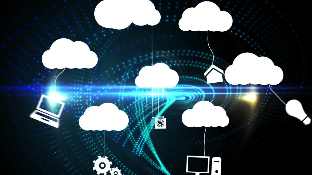 검은 바탕에 있는 미디어 아이콘과 라이트 스 ⁇ 의 애니메이션