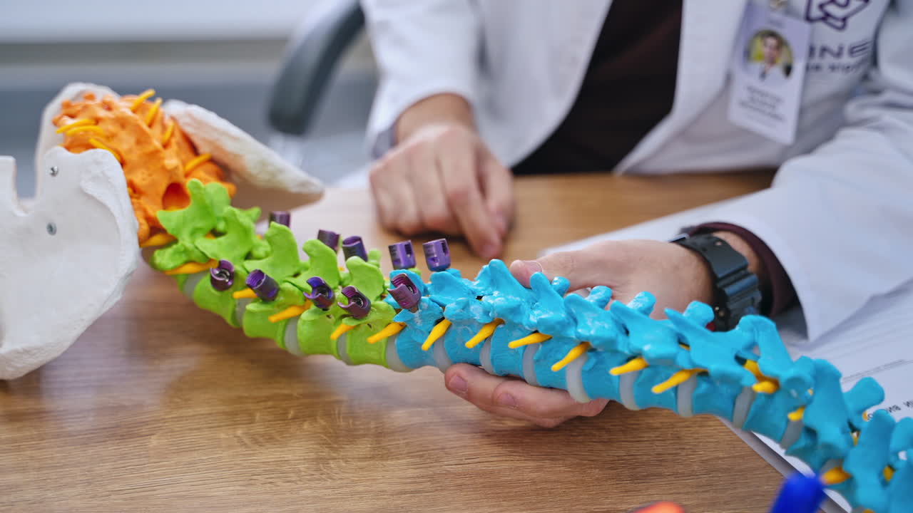 Doctor examining a 3D printed spinal model
