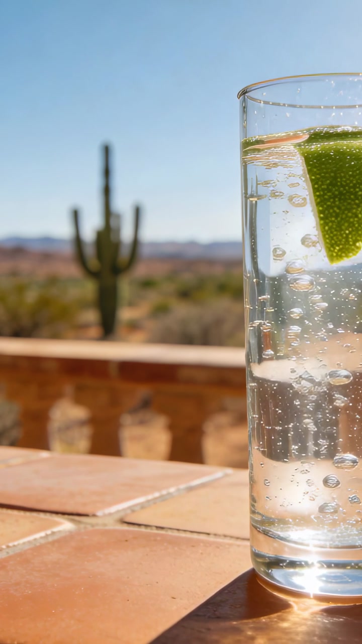 Refreshing Sparkling Water with Lime Slice on a Desert Patio