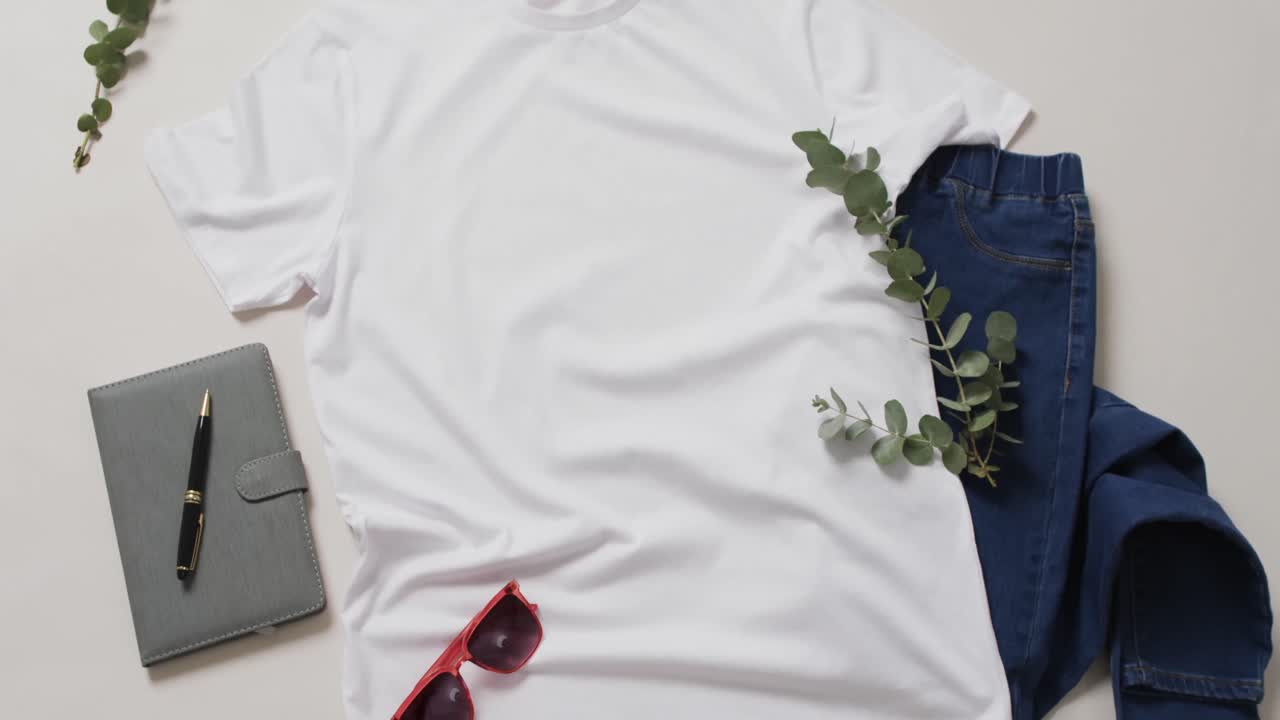 video de camiseta blanca, pantalones vaqueros, cuaderno, gafas de sol y espacio de copia sobre un fondo blanco