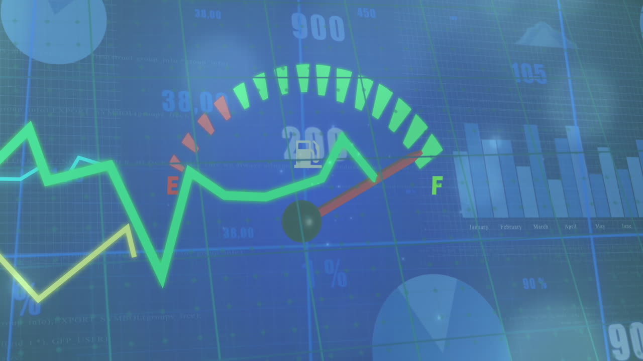 animación del velocímetro y el procesamiento de datos estadísticos contra puntos de luz sobre fondo azul