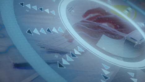 hands typing on white keyboard while hud icons rotating, glowing above wooden desk in flat design