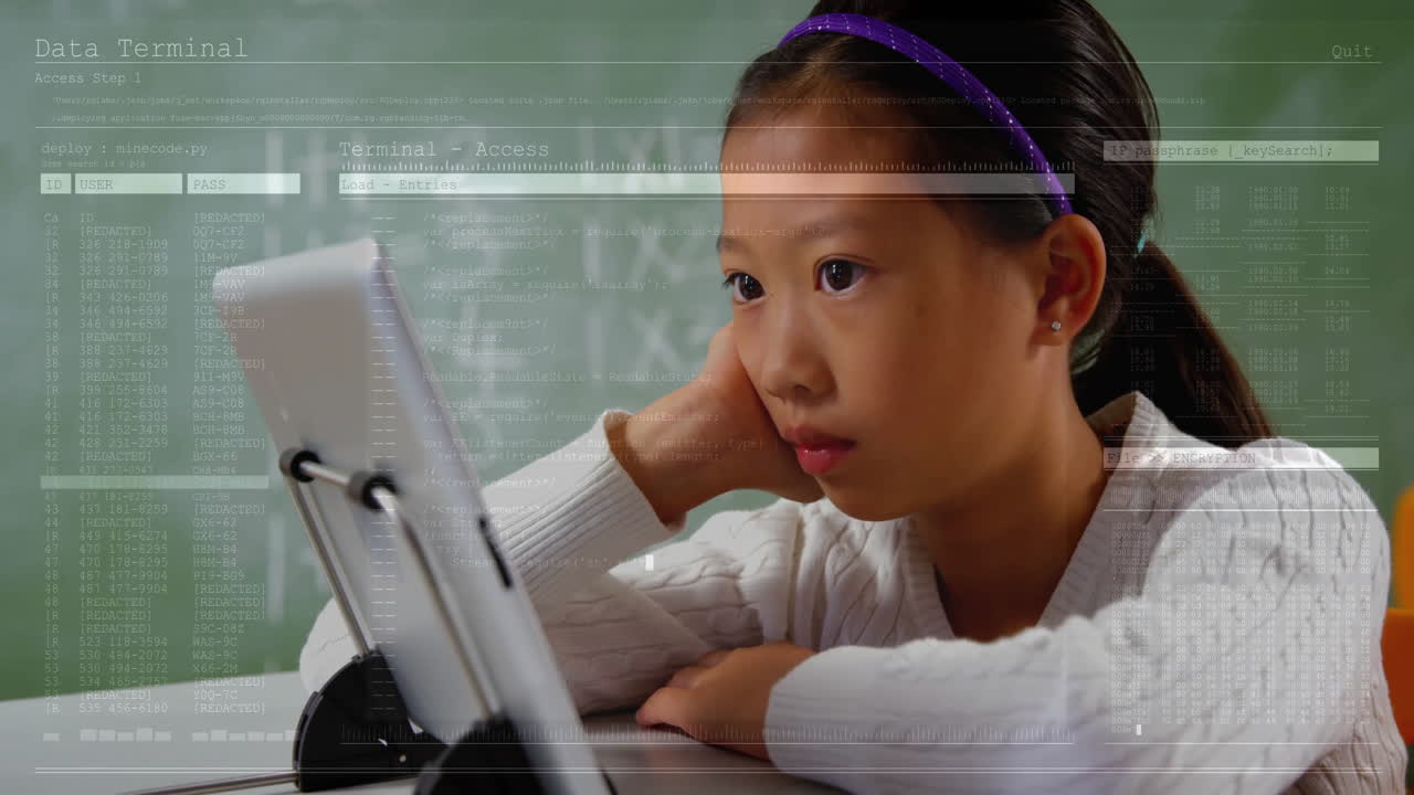 Girl exploring education technology using tablet with chalkboard overlay and animated data lines