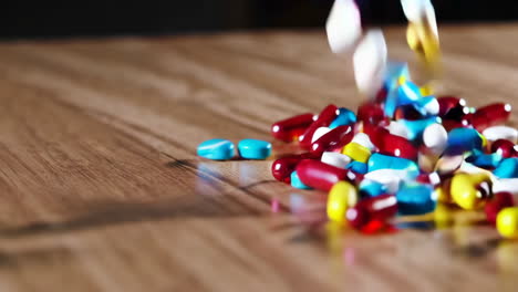 pile of colorful pills on wooden table