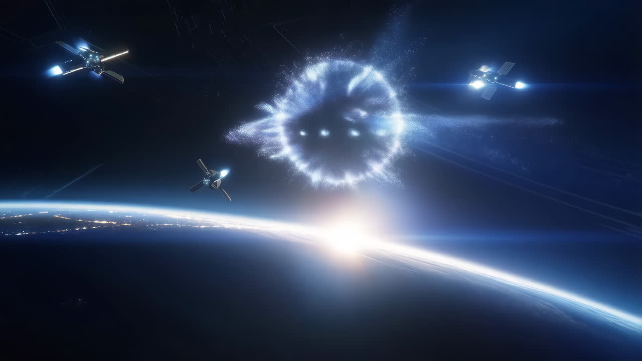 Futuristic Spacecraft Orbiting a Planet with a Mysterious Energy Portal